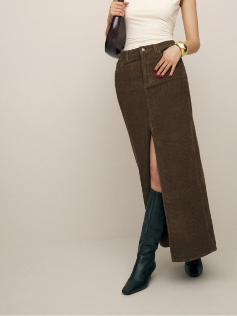 Reformation Brown Corduroy Maxi Skirt with Front Slit
